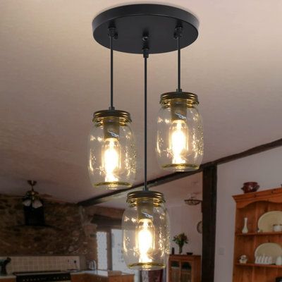 The entry way lighting inside hanging featuring a round canopy with 3 mason jar bottle-inspired glass shades. You can DIY adjust the wire length to your preferred shape. Simple linear farmhouse pendant lights, especially designed to illuminate the heart of your kitchen, dining room or farm styled places, The hanging light fixtures clear quart-size glass jar shades for an eclectic look. The kitchen island pendant light perfect for bedroom, bathroom, dining room, corridor, staircase, office, loft, Farm Light Fixtures, Staircase Office, Bathroom Light Fixtures Ceiling, Country Pendant Lighting, Mason Jar Pendant Light, Light Fixtures Farmhouse, Office Loft, Farmhouse Chandelier Lighting, Barndominium Interior