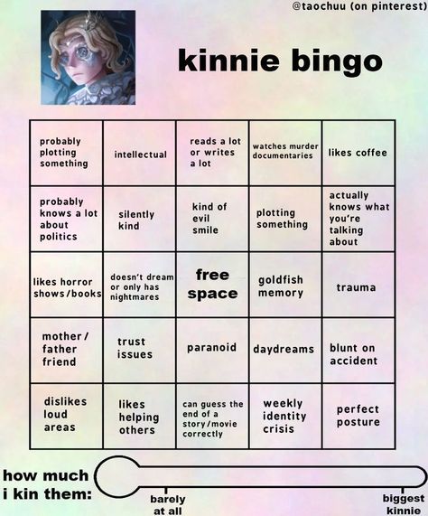 Identity V Novelist Idv Kin Bingo, Kin Bingo, Idv Characters, Fun Templates, Kinnie Bingo, Bingo Template, Identity V, Anime Book, Bingo