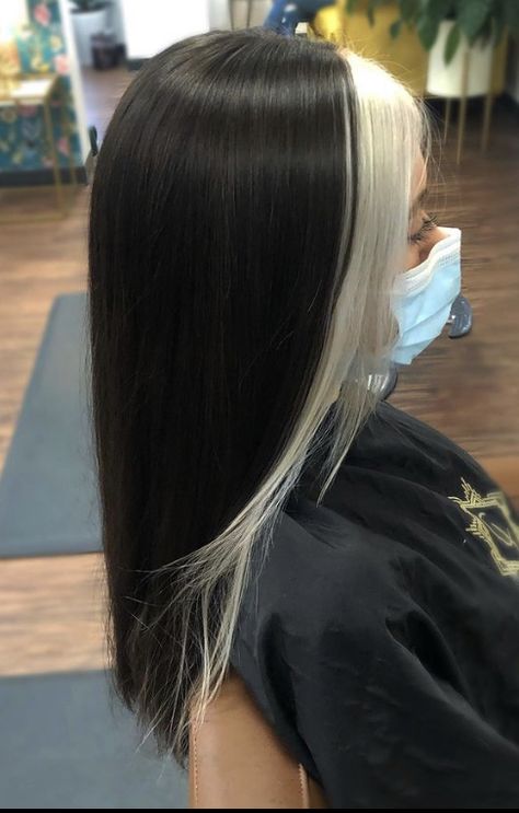 Black Hair Front Blonde, Jet Black Hair With White Streak, White Front Hair Streaks, Blonde Strip In Front Of Hair, Dark Hair With Bleached Front Pieces, White Ends Hair, Silver Bangs Dark Hair, Black Hair With White Front Pieces, Black Hair With White Bangs