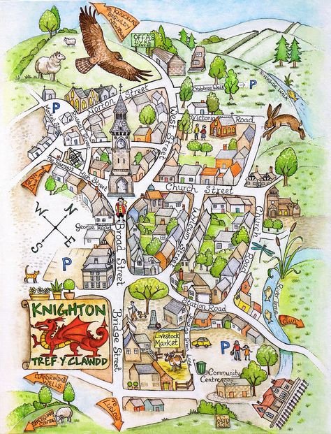 Knighton Map & Hare Cards jpg Map Art Illustration, Maps Design, Town Drawing, Village Map, Map Illustration, Hand Drawn Map, Drawn Map, Nostalgic Art, Tourist Map