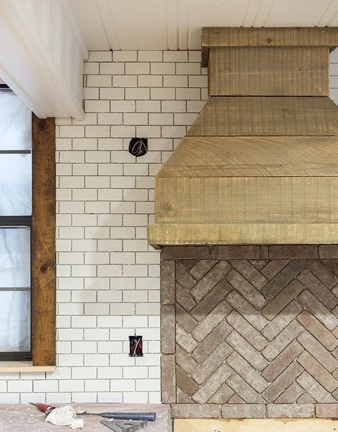 Brick herringbone backsplash tile as an accent above the stove Kitchen Tiles Brick, Backsplash With Black Granite, Butcher Block Backsplash, Brick Stove, Backsplash Behind Stove, Herringbone Tile Backsplash, Brick Backsplash Kitchen, Diy Cupboards, Neutral Backsplash