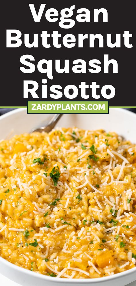 Vegan butternut squash risotto in a bowl with a fork in it. Vegan Risotto Recipes, Squash Recipes Easy, Thanksgiving Dinner Recipes Sides, Easy Risotto Recipes, Vegan Fall Recipes, Dinners Vegetarian, Butternut Squash Recipes Easy, Vegan Fall Dessert, Easy Risotto