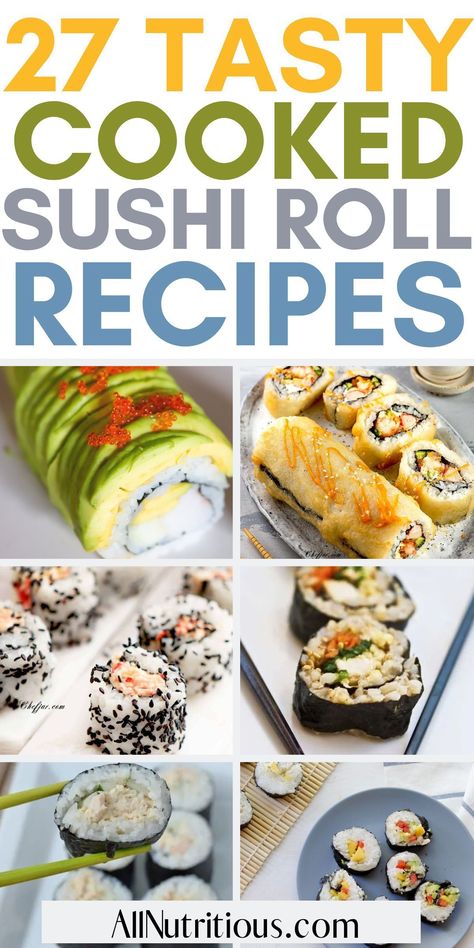 Do you love Japanese food? Try one of these easy recipes for making sushi at home. These make a healthy dinner, lunch or snack food for the family. Homemade Cooked Sushi Rolls, Sushi Recipes Cooked Fish, How To Make Cooked Sushi, No Fish Sushi Recipes, Recipes For Snacks Healthy, Non Seafood Sushi, Diy Sushi Recipes, Kid Sushi Ideas, Culinary Recipes Dinners