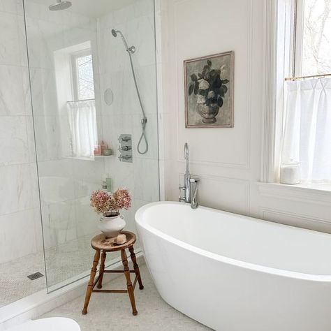 Emma Courtney | Design & DIY (@emmacourtneyhome) • Instagram photos and videos Best Paint For Bathroom, Paint Sheen Guide, Herringbone Tile Pattern, Off White Paint Colors, Non Slip Bathroom Flooring, Patterned Bathroom Tiles, Shower Floor Tile, Off White Paints, Picture Frame Molding