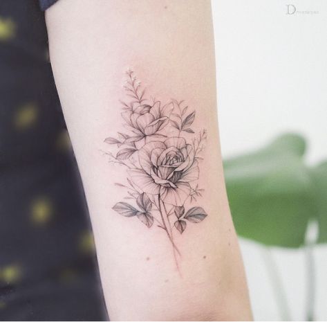 June Birth Flower Bouquet Tattoo, Leafy Flower Tattoo, Rose Leaf Tattoo, Wild Roses Tattoo, Animal Design Tattoo, Scotland Tattoo, Wild Rose Tattoo, Rose Tat, Bali Tattoo