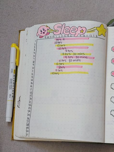 Kirby Journal, Bullet Journal Sleep Tracker, Journal Sleep Tracker, Sleep Tracker Bullet Journal, Tracker Bullet Journal, Diary Ideas, Game Themes, Sleep Tracker, Journal Ideas