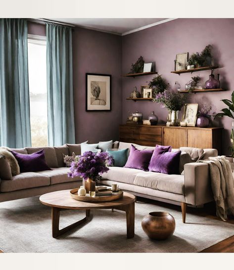 #february #aquarius #pisces #amethyst #birthstones #colorpsychology #mindfuldesign #holisticdesign #holistichome #homestyling #mindfulinteriordesign #emotionalwellbeing Living Room Inspiration Purple, Brown And Green Living Room, Moody Feminine, Mauve Living Room, February Aquarius, Sage Living Room, Purple Palace, Mcm Living Room, Purple Bedroom Decor