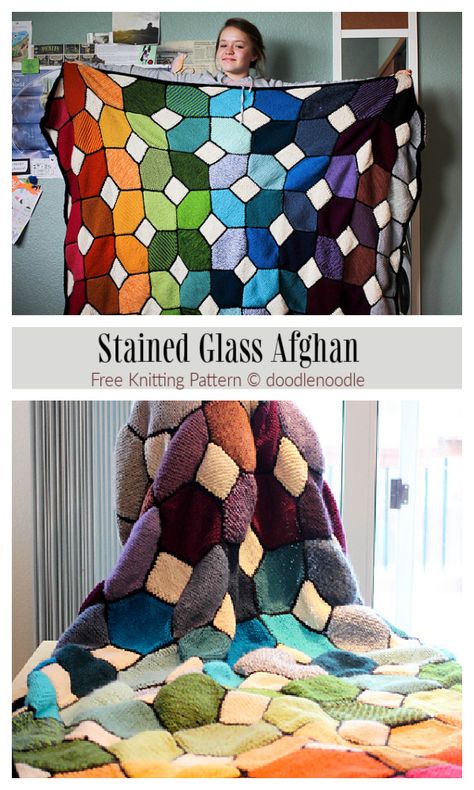 Stained Glass Knitting Patterns, Patchwork Knitting Patterns, Stained Glass Crochet Patterns Free, Patchwork Knitted Blanket, Geometric Knitting Pattern, Stained Glass Afghan, Geometric Knitting, Diy Macrame Projects, Knitting Blankets