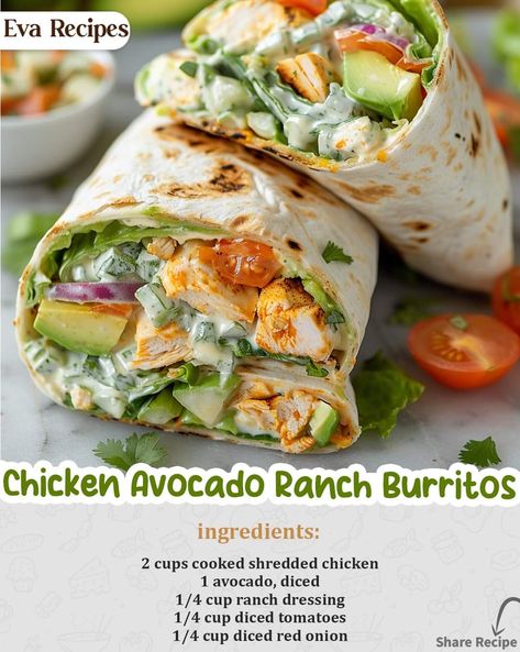 Healthy Chicken Burritos, Soul Food Meal Prep, Avocado Chicken Wrap, Chicken Avocado Wrap, Burrito Recipes, Weeknight Casseroles, Sandwhich Recipes, Avocado Ranch, Food Meat