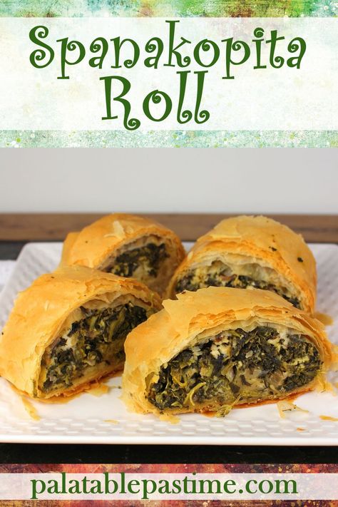 Spanakopita Roll stuffs full sheets of rolled phyllo pastry with spinach and feta cheese, and then is sliced after baking. via @suelau1 Warm Appetizers, Phyllo Recipes, Phyllo Pastry, Mediterranean Spices, Oscars Party, Ethnic Food, Copycat Restaurant Recipes, Amazing Appetizers, Weekend Meals