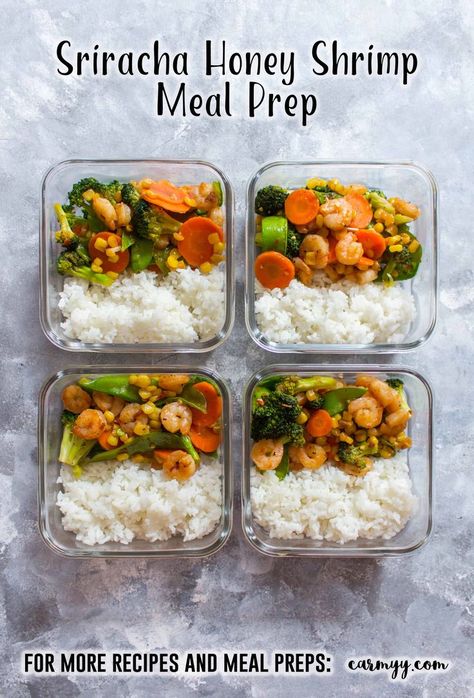 This Sriracha Honey Shrimp Meal Prep is perfect for days where you are craving a stir fry. Made in under 30 minutes, this pan-seared shrimp with veggies mixed in, is the perfect blend of sweet and hot. This Sriracha Honey Shrimp recipe is not only great as a meal prep but perfect as a quick weeknight dinner. via @runcarmyrun Shrimp Meal Prep High Protein, Prawn Meal Prep, Fit Meal Prep, Shrimp Meal Prep Ideas, Meal Prep Fish, Bento Meal Prep, Shrimp With Veggies, Keto Bento, Board Meals