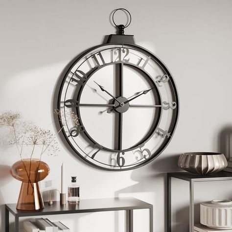 Selene Round Metal Modern Farmhouse Wall Clock - 30.5"H x 23.75"W x 1.5"D - On Sale - Bed Bath & Beyond - 40010000 Farmhouse Wall Clock, Black Wall Clock, Austin Design, Wood Console Table, Wall Bar, Metal Wall Clock, Clock Wall Decor, Farmhouse Wall, Modern Aesthetics