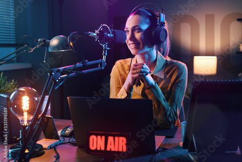 Stock Image: Young radio host broadcasting in the studio Radio Host, In The Studio, The Studio, Adobe Stock, Growing Up, Vision Board, Interview, Career, Stock Images