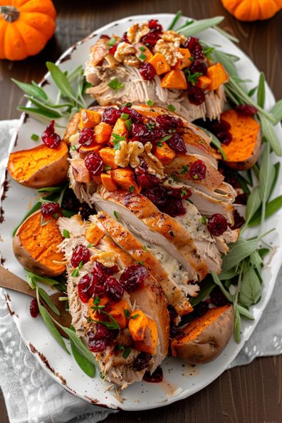 Roast Turkey and Cranberry Stuffed Sweet Potatoes make the perfect holiday dish, blending savory turkey with sweet potatoes and tart cranberries. This recipe is easy to follow and will impress your guests with its festive flavors. Serve it as a main or side dish at your holiday gathering, and enjoy the nutritious benefits of sweet potatoes. Get ready to elevate your holiday meal with this delicious and colorful recipe. Try it out and make your celebrations memorable! Turkey And Cranberry, Sweet Potato Benefits, Stuffed Sweet Potatoes, Fall Comfort Food, Roast Turkey, Shrimp Recipes For Dinner, Holiday Meal, Beef Stew Recipe, Onion Recipes