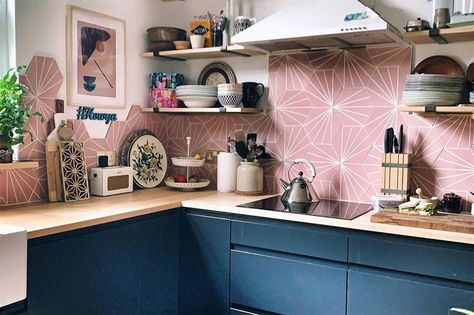 20 awe-inspiring real kitchens – and how to steal their style | loveproperty.com Amber Kitchen, Retro Pink Kitchens, Kitchen Pink, Navy Kitchen, Blue Kitchen Cabinets, Small Kitchen Design, Real Kitchen, Kitchen Board, Dream Kitchens