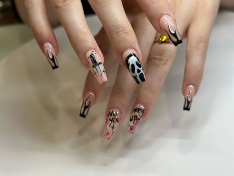 “𝕹𝖔, 𝖞𝖔𝖚 𝖍𝖆𝖓𝖌 𝖚𝖕!” 💕🖤 #nails #scream #ghostface #trending #nailart #inspo #viral #new #cute #fashion #living #decor #art No You, Scream Ghostface, Up Nails, Ghost Faces, Decor Art, Cute Fashion, Scream, Living Decor, Nail Art