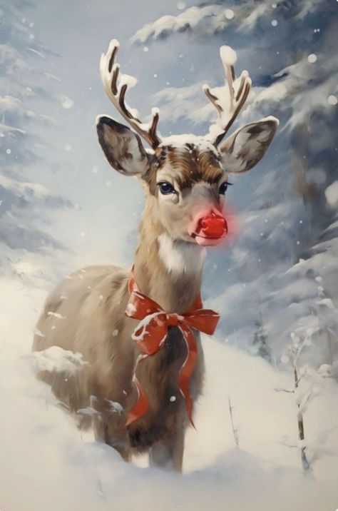 Rudolph The Red Nosed Reindeer Drawing, Reindeer Paintings, Rudolph Painting, Reindeer Painting, Reindeer Drawing, Reindeer Art, Santa Paintings, Christmas Colours, Rudolph Reindeer