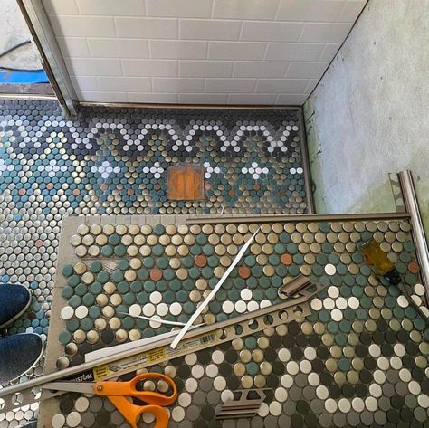 Large Penny Tile Bathroom, Penny Tile Stripes, Penny Tile Entryway, Popular Bathroom Tile, Penny Tile Patterns, Penny Tiles Bathroom Floor, Penny Round Tile Bathroom, Penny Floors, Penny Tile Bathroom