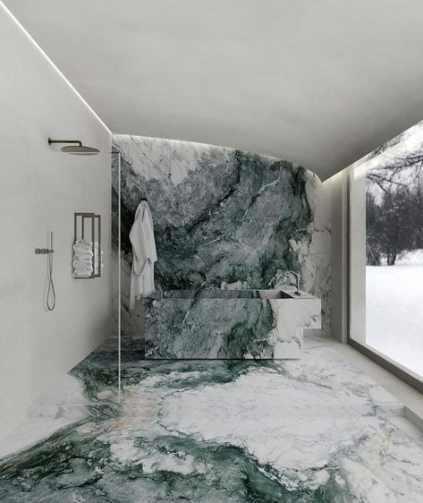 Green Marble Wall, White Bathtub, Tranquil Bathroom, Stone Bathtub, Serene Bathroom, Stone Basin, Bathroom Design Inspiration, Bathroom Goals, Gorgeous Kitchens