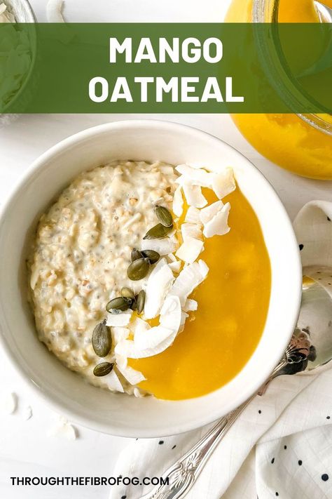 labelled mango oatmeal in a cream bowl next to a glass jar of mango puree and a bowl of coconut flakes. Low Histamine Breakfast, Warming Breakfast, Tasty Breakfast Recipes, Mango Oatmeal, Family Friendly Breakfast, Low Histamine Foods, Histamine Diet, Dinner Recipes Healthy Family, Fibro Fog