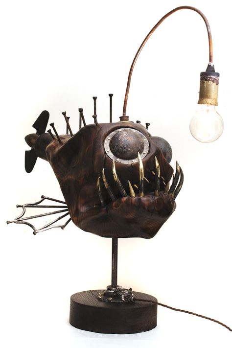 NIk Burns SculptorAnglerfish - NIk Burns Sculptor Fish Reference, Lampe Steampunk, Ceramic Monsters, Welded Art, Metal Welding Art, Fish Lamp, Reference Art, Welding Art Projects, Angler Fish