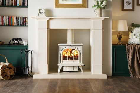 Cream Stove, Inset Log Burners, Oak Beam Fireplace, Corner Wood Stove, Brick Wall Living Room, Wood Burning Stoves Living Room, House Extension Design, Log Burner, Country Living Room