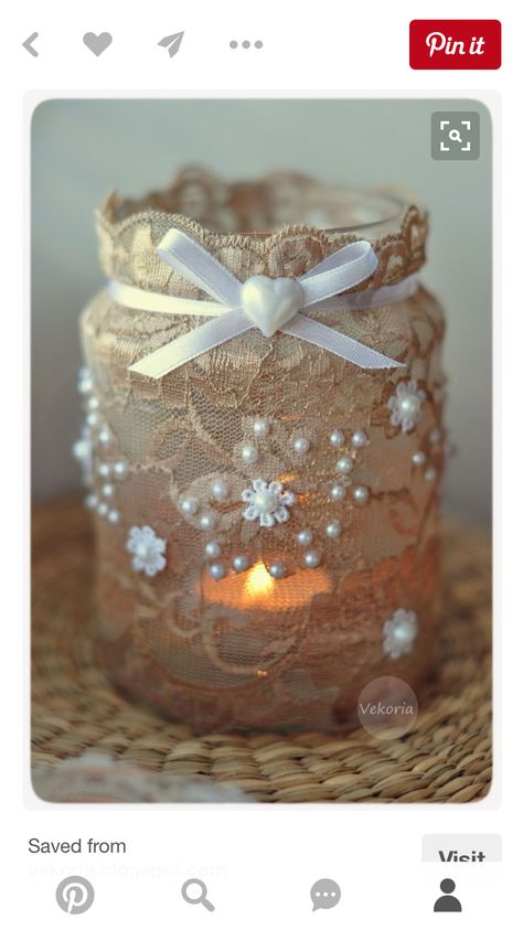 ขวดโหล Mason Jar, Takken Decor, Altered Jars, Pearls And Lace, Kerajinan Diy, Mason Jar Projects, Jar Art, Jar Decor, Diy Jar Crafts