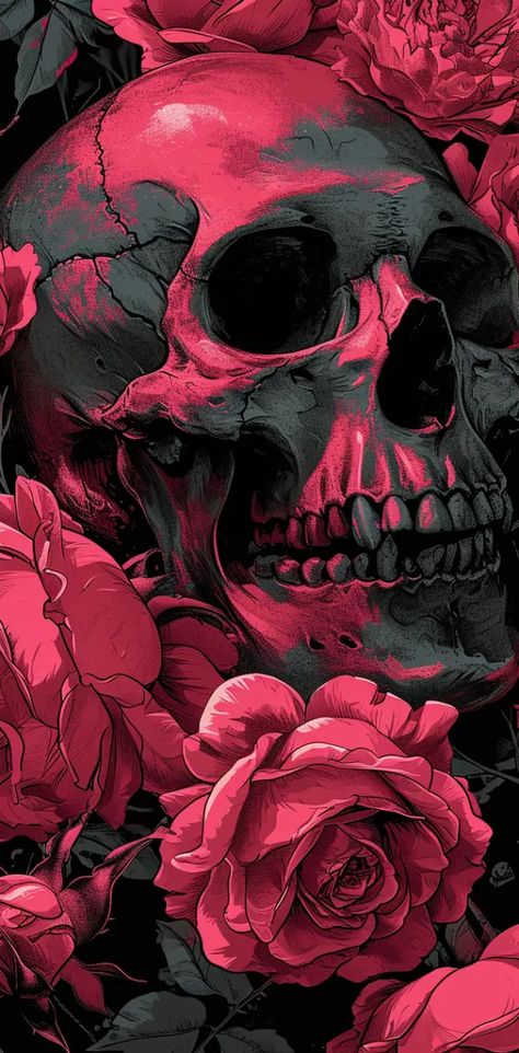 Skeleton With Rose Wallpaper, Pink Skull Tattoo, Edgy Art Aesthetic, Skull Phone Wallpaper, Goth Wallpapers, Dark Pink Aesthetic, Colorful Skull Art, Halloween Street, Iphone Dynamic Wallpaper