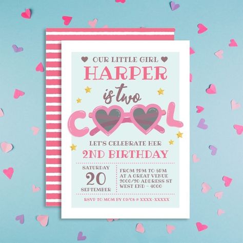 Two Cool Birthday Party Girl, Girls Second Birthday, Two Cool Birthday, Second Birthday Party, Two Cool, Girl Birthday Party Invitations, Animals Birthday, 2nd Birthday Invitations, Girl Birthday Themes