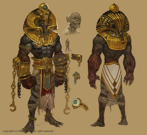 Egyptian Character Design, Egyptian Outfit, Egypt Concept Art, Monster Characters, Fantasy Monster, Creature Concept Art, Fantasy Concept Art, Arte Fantasy, Egyptian Art