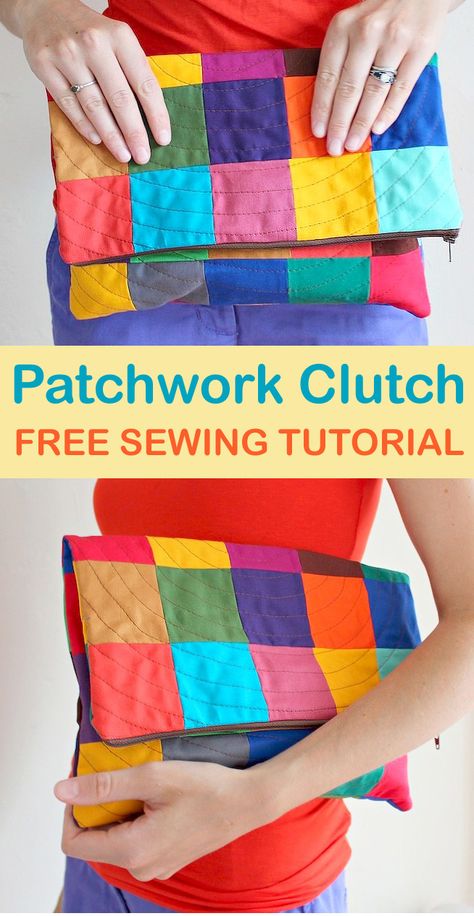 Patchwork Clutch Tutorial & Pattern Clutch Purse Tutorial, Upcycled Bags, Patchwork Clutch, Yarn Crafts For Kids, Clutch Tutorial, Easy Bag, Making Bags, Purse Tutorial, Straight Line Quilting