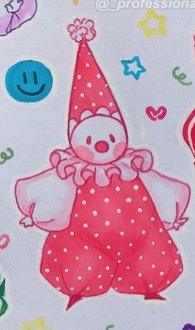 Clowncore Doodles, Candyland Drawing, Clown Ocs Drawing, Mini Clown Drawing, Clown Cute Drawing, Cute Clown Painting, Tiny Clown Drawing, Clown Puppet Drawing, Cute Clown Doodle