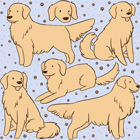 Cute golden Retriever illustration pattern Golden Retriever Sublimation, Dog Illustration Golden Retriever, Dog Art Golden Retriever, Golden Retriever Drawing Reference, Golden Retriever Doodle Drawing, Golden Drawing Ideas, Golden Retriever Cute Drawing, Golden Retriever Puppy Cartoon, Black Cat And Golden Retriever Drawing