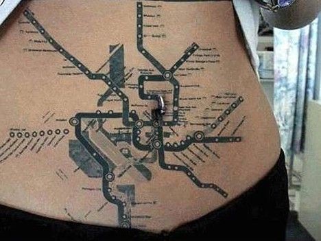 Subway  map.. Pi Tattoo, Belly Button Tattoos, Belly Button Tattoo, Button Tattoo, Map Tattoo, Unusual Tattoo, Belly Tattoos, Kunst Tattoos, Map Tattoos