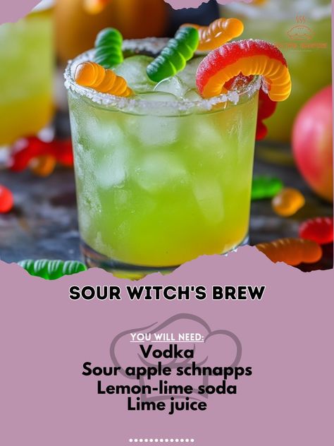 🧙‍♀️🍋 Brew some magic with the Sour Witch's Brew! This tangy delight will cast a spell on your Halloween celebrations! Sour Witch's Brew Ingredients: Vodka (1.5 oz) Sour apple schnapps (1 oz) Lemon-lime soda (3 oz) Lime juice (0.5 oz) Sour gummy worms (for garnish) Instructions: In a shaker, combine vodka, sour apple schnapps, lime juice, and ice. Shake well and strain into a glass. Top with lemon-lime soda and garnish with sour gummy worms. 💚✨ Enjoy the Sour Witch's Brew! This enchanting... Sour Apple Pucker Drinks, Apple Pucker Drinks, Sour Apple Pucker, Vodka Sour, Vodka Punch, Apple Schnapps, Sour Drink, Apple Vodka, Sour Gummy Worms