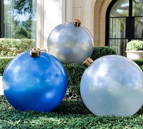 Frosty White, Blue, & Silver Decorative Holiballs | Pottery Barn Silver Holiday Decor, Pottery Barn Christmas Decor, Pottery Barn Christmas, Winter Table, Holiday Colors, Holiday Home Decor, Outdoor Christmas Decorations, A Christmas Story, Outdoor Christmas