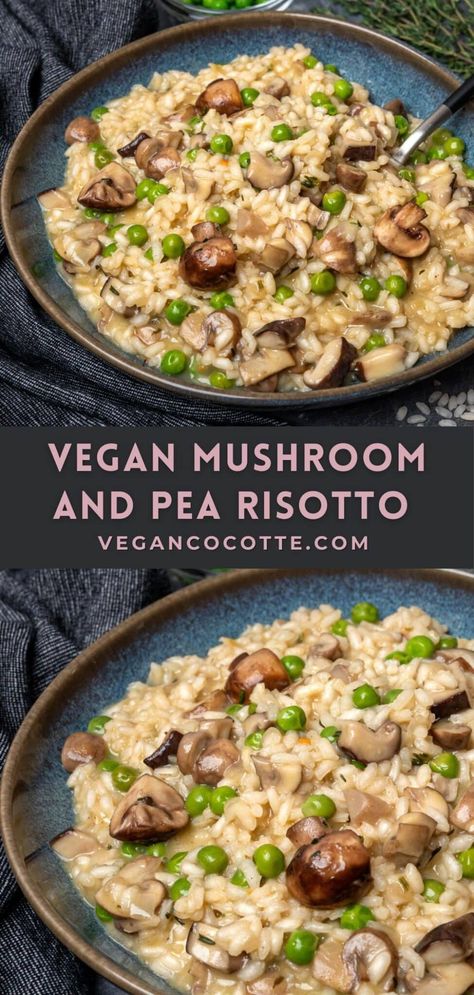 Mushroom And Pea Risotto, Pea Risotto, Vegan Risotto, Rice Recipes Vegan, Mushroom Risotto Recipes, Healthy Vegetarian Dinner, Vegan Rice, Vegan Mushroom, Pea Recipes