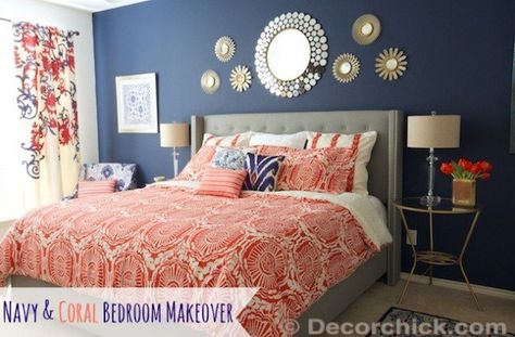 not so much with the coral, but the navy, grey and gold is nice Navy Coral Bedroom, Coral Bedroom Decor, Coral Bedroom, Navy Bedrooms, Dark Blue Bedrooms, Navy Blue Bedrooms, Blue Bedroom Design, Blue Bedroom Decor, Real Estat