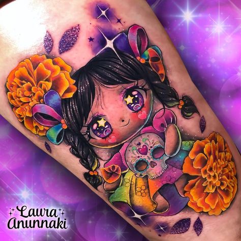 ✨🦄🌈💜Baby Rainbow Brite 💖🌈🦄✨ thank you so much for trust me Emily 😘💕 you are so kind and sweet ☺️ at: @invasionclubjp DONE WITH: @fusion_ink… Authentic Mexican Tattoos, Mexican Doll Tattoo, Laura Anunnaki, Orchid Flower Tattoos, Voodoo Tattoo, Mexican Tattoo, Bright Tattoos, Mexican Doll, Doll Tattoo