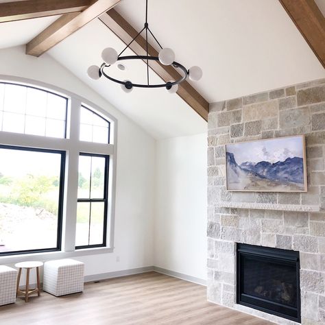 Living Room Stone Fireplace, Repose Grey, Repose Gray Sherwin Williams, Beamed Ceilings, Basement Fireplace, Black Window Frames, Marble Top Side Table, Trim Ideas, Repose Gray