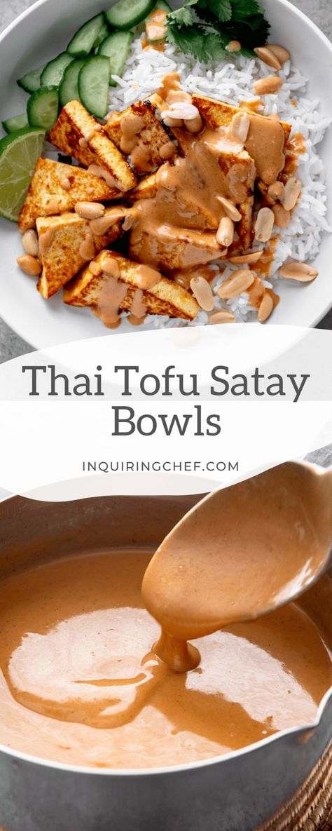 Tofu Satay Recipe, Vegetarian Satay Recipe, Thai Peanut Tofu Bowl, Tofu Recipes Peanut Sauce, Peanut Tofu Satay, Tofu Satay With Peanut Sauce, Tofu Peanut Bowl, Thai Tofu Recipes, Thai Peanut Tofu