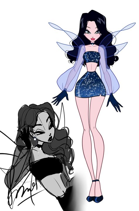 Winx Club Trix Fairy, Winx Club Oc Black Hair, Witch Ocs Art, Winx Moon Fairy, Winx Club Cosmix Oc, Fairy Dresses Drawing, Winx Wings Oc, Winx Club Fairy Oc, Winx Fairy Outfits