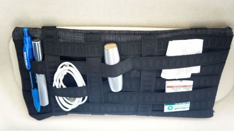 Mount a Grid Organizer in Your Car to Keep Important Stuff at Hand  Move it Move it Grid Organizer, Car Organization Hacks, Visor Organizer, Diy Elastic, Entrepreneur Ideas, Car Organization, Car Visor, Trash Can For Car, Trunk Organization