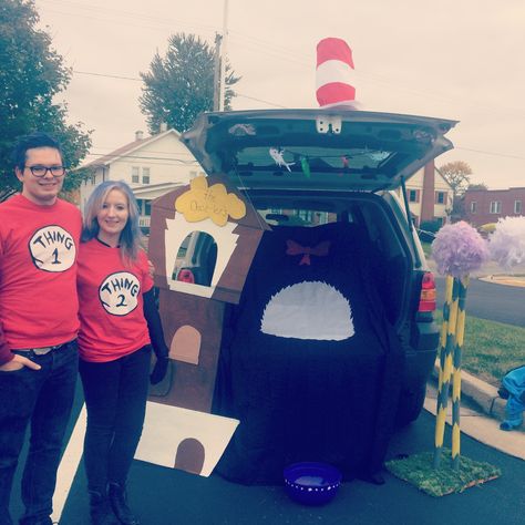 Thing one and Thing two (Dr Seuss) themed trunk or treat Trunk Or Treat Decorating Ideas, Thing One And Thing Two, Halloween Car Decorations, Trunk Or Treat Ideas, Monster Car, Thing One, Seuss Party, Halloween Crafts Decorations, Treat Ideas