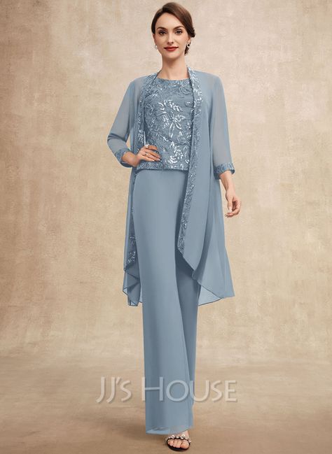 Jumpsuit/Pantsuit Separates Scoop Floor-Length Chiffon Lace Mother of the Bride Dress With Sequins (008269019) - JJ's House Bride Pants Outfit, Mother Of The Bride Pants Outfit, Mother Of The Bride Jumpsuit, Mother Of The Bride Pants, Bride Pants, Dress With Sequins, Mother Of The Bride Dress, Chiffon Lace, Bride Dress