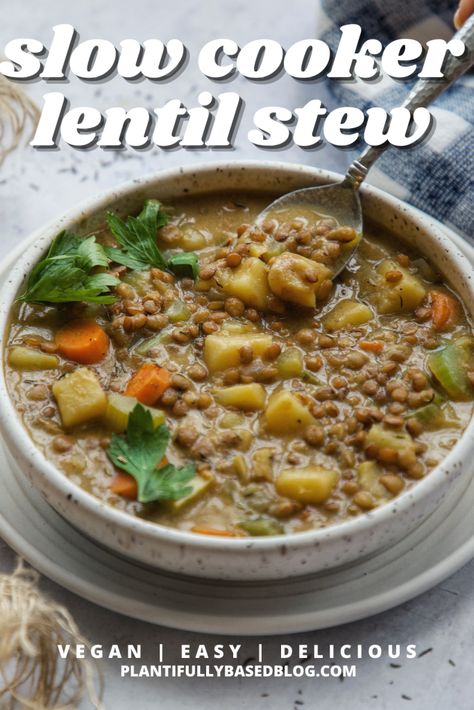 Lentil Stew Crockpot, Lentil Recipes Crockpot, Lentils Potatoes, Carrots Slow Cooker, Lentil Stew Recipes, Slow Cooker Stew Recipes, Slow Cooker Lentil Soup, Vegetarian Stew, Vegan Slow Cooker Recipes