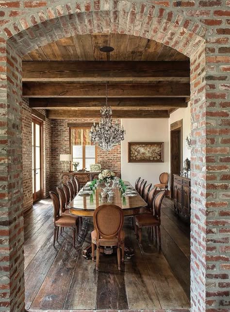 Exposed Brick Interior, Plank Hardwood Floors, Tuscany Home, Brick Archway, Country Colonial, Brick Room, Wide Plank Hardwood Floors, Wood Plank Ceiling, Brick Interior