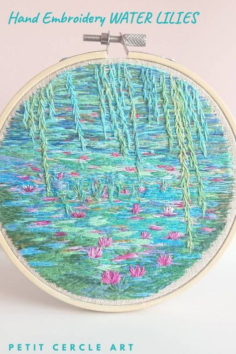 The iconic impressionistic arts give inspiration for this hand Embroidery by PETIT CERCLE ART #petitcercleart #homedecor #wallart #monetart #waterlilies #Lilies #Monetembroidery #impressionism Impressionism Embroidery, Impressionist Embroidery, Lily Pad Embroidery, Monet Embroidery, Embroidering Patterns, Water Embroidery, Painted Embroidery, Embroidery Water, Watercolor Embroidery