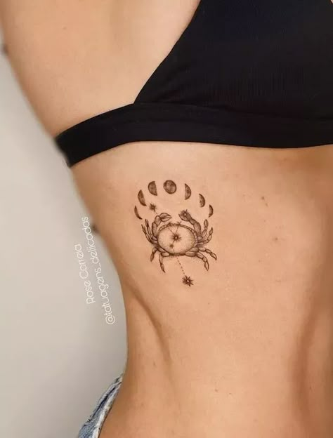 Crab Moon Tattoo, Crab And Moon Tattoo, Moon Phase Rib Tattoo, Crab Tattoos For Women, Cancerian Crab Tattoo For Women, Cancerian Tattoo For Women Moonchild, Tattoo Ribs Woman, Calf Muscle Tattoo For Women, Moon Tattoo Ribs