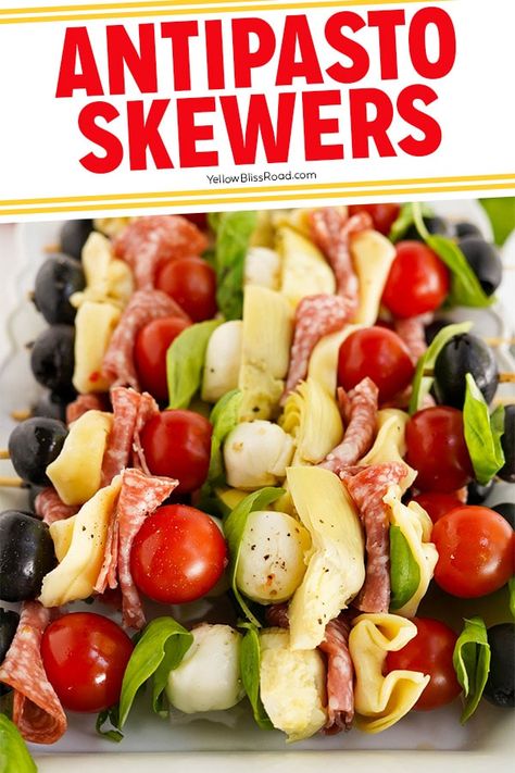 Easy to make Antipasto Skewers are like pasta salad on a stick! Made with salami, olives, artichokes, cheese, tortellini and fresh basil. Antipasto Skewers With Tortellini, Salad On A Stick, Artichoke Appetizer, Antipasto Kabobs, Tortellini Skewers, Antipasto Skewers, Pasta Salad With Tortellini, Skewer Appetizers, Veggie Skewers